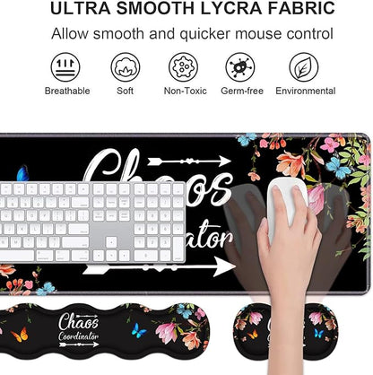 Ergonomic Keyboard Wrist Rest & Mouse Pad Wrist Rest Set, Chaos Coordinator Quote Vintage Watercolor Floral Large Gaming Desk Mat 31.5"x 11.8" with Memory Foam, Easy Typing Pain Relief for Home Office