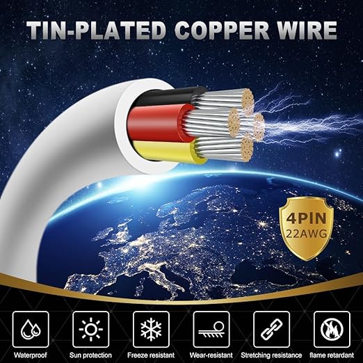 22 Gauge 4 Conductor Electrical Wire, 65.6FT White Stranded Low Voltage 22/4 PVC Case, 22 AWG Tinned Copper 4 Wire Extension Power for Strips LED Lamp Lighting