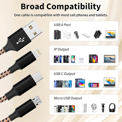Multi Charging Cable,(3Pack 4FT), Multi Charging Cord 3 in 1 Charging Cable Nylon Braided Universal Charger Phone Charger Cord with Type-C,Micro USB,IP Port for iPhone16/15 Series/Phone&Pad