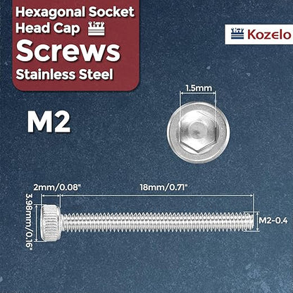 Kozelo 50pcs Socket Head Cap Screws - [M2-0.4 x 18mm] 304 Stainless Steel Allen Socket Drive for Electrical Motor 3D Printing Fan Engine Replacement Use, Silver