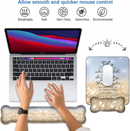 Wrist Rest Support Ergonomic Gel Mouse Pad & Memory Foam Keyboard Set, Non-Slip Rubber PU Base for Home Office Working Studying Easy Typing & Pain Relief - Bible Verses Proverbs 31:25