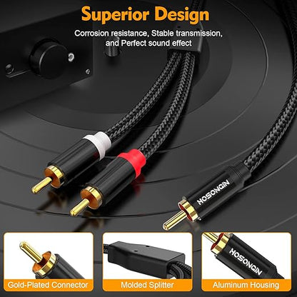 HOSONGIN RCA Y Splitter Cable, 6.6ft, 2 Pack, Gold-Plated, Noise-Free Durable Braided Audio Cable, 1 Male to 2 Male Adapter for Subwoofers, Amplifiers, TVs, Home Theater, Hi-Fi Systems