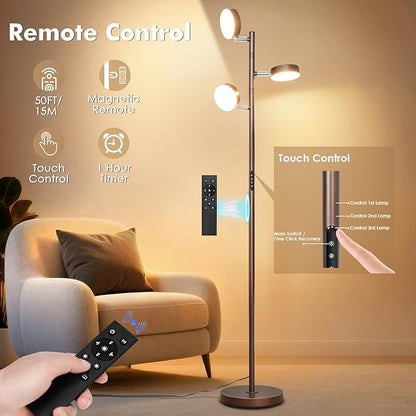 Benaep Tree Floor Lamp for Living Room - Modern Brown Standing Lamp, LED Floor Light with Remote & Touch, 3000K-6000K Dimmable for Bedroom Office Reading (3 Head)