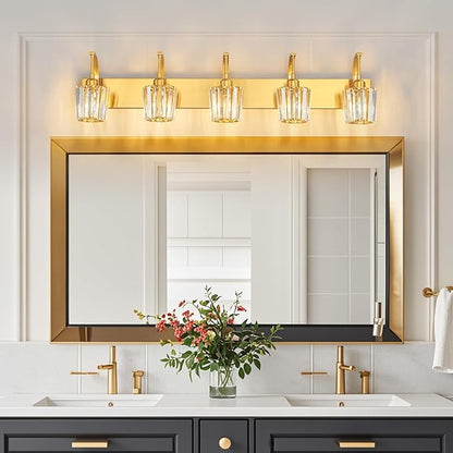 FDPBY Modern Bathroom Vanity Light, 5-Light Gold Wall Sconce with Crystal Accents, Over Mirror Bathroom Lighting Fixture, 42.52" Long Dimmable Vanity Lamp for Makeup, Easy Installation
