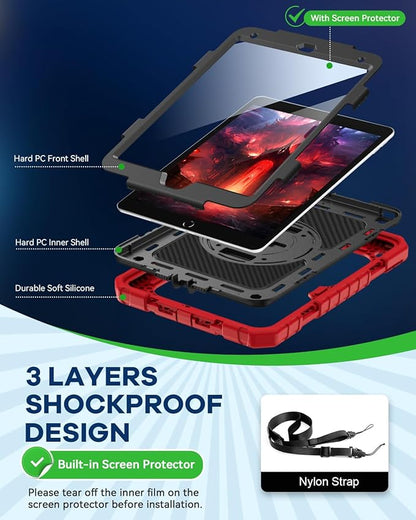 Cantis Case for iPad 9th/8th/7th Generation with Screen Protector, iPad 10.2 Case 2021/2020/2019 with 360 Degree Rotating Stand/Shoulder Strap/Pencil Holder, Red