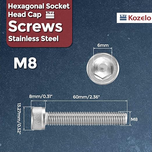Kozelo 10pcs Socket Head Cap Screws - [M8-1 x 60mm] 304 Stainless Steel Allen Socket Drive for Electrical Motor 3D Printing Fan Engine Replacement Use, Silver