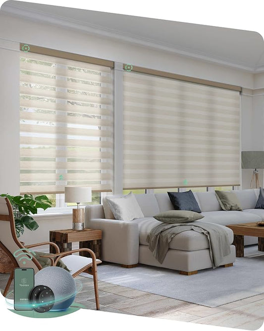 Yoolax Motorized Zebra Blinds Compatible with Alexa, Motorized Blinds with Remote Custom Size, Light Filtering Privacy Electric Zebra Shades for Windows (Linen Ivory)
