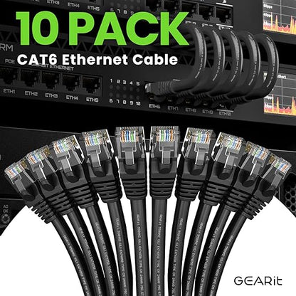 GEARit Cat 6 Ethernet Cable Pack – 10-Pack 10 ft Cat6 Ethernet Patch Cables | RJ45 Network Patch Cable, 10 Gbps Snagless Gold-Plated Connectors – Ethernet Cable Cat 6 for PC, TV, Router – Black