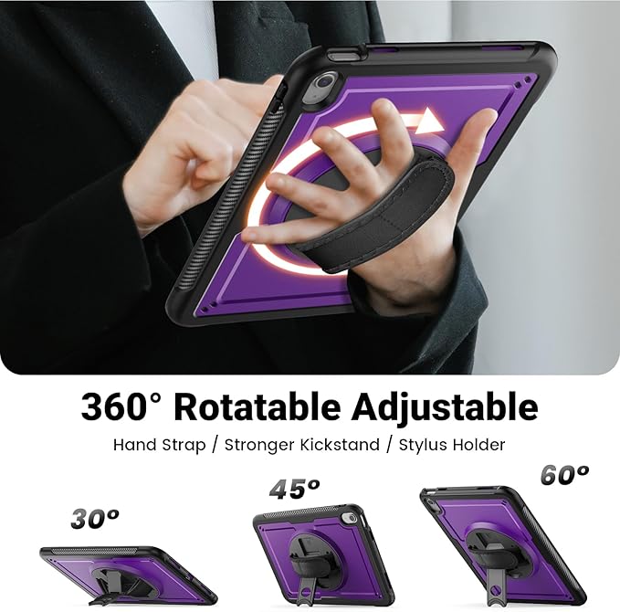 SCSVPN Case for iPad (A16) 11th Generation 11 Inch 2025 / 10th Generation 10.9 Inch 2022, Shockproof Protective Case with Screen Protector, Pencil Holder, Rotating Stand, Hand/Shoulder Strap - Purple