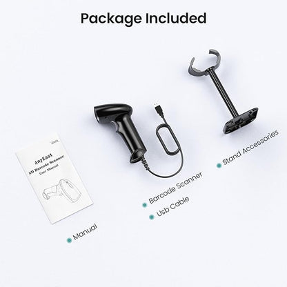 Anyeast 2D 1D Barcode Scanner : USB Wired Inventory QR Scanner with Stand for Computer POS MAC with Automatic Scanning, Handheld CMOS Image Bar Code Reader for Warehouse Library Supermarket