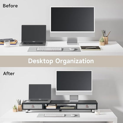 Fenge Dual Monitor Stand with 2 Drawers, 42.5 Inches Large Computer Riser for Desk, Adjustable Height Desk Shelf with Storage for Laptop, PC, TV, Printer