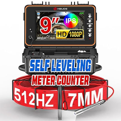 HBUDS Sewer Camera with 512Hz Sonde, Self Leveling 165ft Drain Camera with Meter Counter, 7mm Cable, 9" HD Screen 1080P Plumbing Cameras Snake with Light, 5100mAh Battery Pipe Inspection DVR 32GB