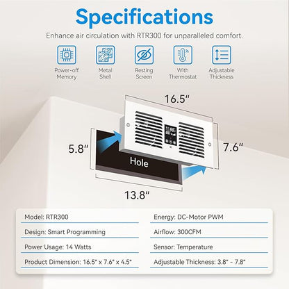 Apexicalo Room to Room Fan with Remote Control, 300CFM Through Wall Vent Fan with Temperature Control, 5-Speed Circulating Ventilation, for Kitchen, Laundry, Hardwired, RTR300-CV