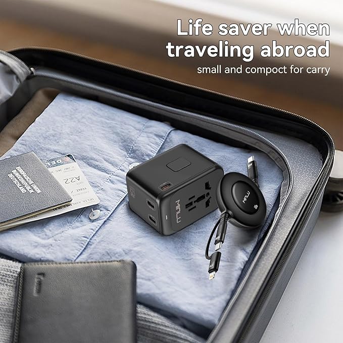 Universal Travel Multi Adapter, PD 65W Worldwide Travel Charger with 100W 3-in-1 Multi Cable/1 USB-A/3 USB-C Fast Charging, All in One Outlet Adapter for iPhone,Laptops,Type USA/EU/UK/AUS