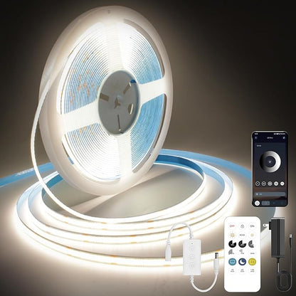 Pandery COB LED Strip Lights Natural White,24V Dimmable led Light Strip KIT with Remote and app Control,4000K 25FT/7.5m 8mmwide Ra>90 Cuttable Flexible Strip Lights for Bedroom,Wardrobe,Cabinet