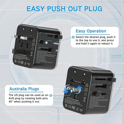 Universal Travel Adapter,adaptador de enchufe de pared internacional de CA de 20 W,cargador de viaje de 2 puertos USB C y 2 puertos USB para EE.UU.UE Reino Unido y Australia