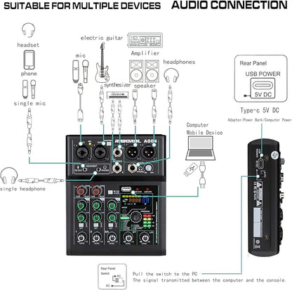 4 Channel Audio Mixer With Effects 88 Dsp Mixer Mixing Board Usb Interface Bluetooth Music Player + 48v Line Phantom Power Audio Mixer To Pc/Phone For Karaoke Record Livestream