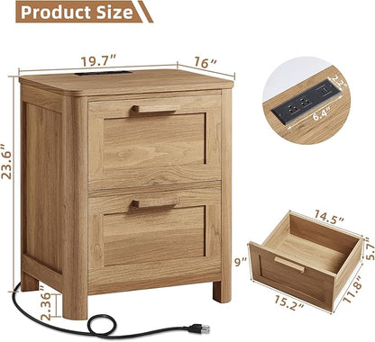 Joaxswe Farmhouse Nightstand with Charging Station, End Tables Bedroom with 2 Large Drawers & 4 Thickened Table Legs, Dark Wood