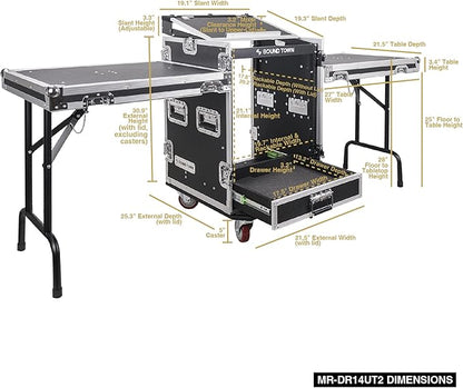 Sound Town 14U PA DJ Pro Audio Rack/Road ATA Case with 2U Drawer, 11U Slant Mixer Top, Two DJ Work Tables, Casters, Pro Tour Grade (MR-DR14UT2)