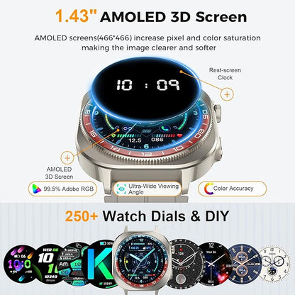 Soudorv Smart Watch, 2026 AMOLED 1.43" Smartwatch for Men Women(Answer/Make Call), 60 Days/130+ Sports/Flashlight, Heart Rate/Sleep Monitor, IP68 Waterproof Fitness Activity Tracker for Android iOS