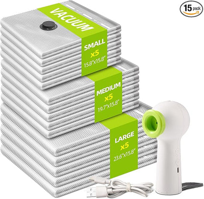 VACKFOX 15 Pack Vacuum Seal Bags with Wireless Rechargeable Electric Pump, Vacuum Storage Bags with LED Light(5L+5M+5S), Travel Vacuum Bags for Luggage, Space Saver for Clothes and Clothing Travel