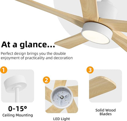 WINGBO 48 Inch DC Ceiling Fan with Lights and Remote Control, 5 Carved Solid Wood Blades, 6-Speed Noiseless Reversible DC Motor, Indoor Ceiling Fan in Gloss White Finish with Oak Blades