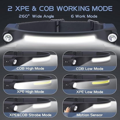 LED Headlamp with Motion Sensor, 6 Modes, 260° Wide Angle, XPE Spotlight & COB Floodlight, USB-C Fast Charging, 7.5h Battery Life