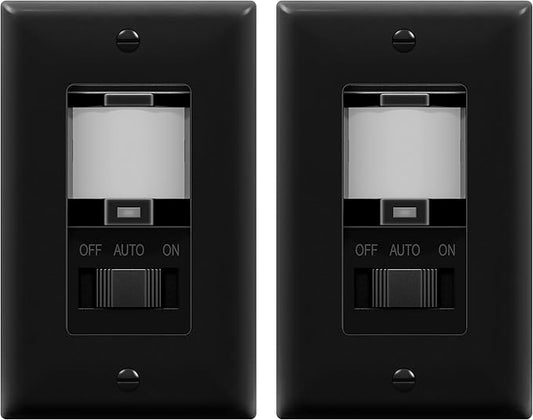TOPGREENER in Wall PIR Motion Sensor Light Switch, Occupancy Sensor Switch, 𝐍𝐞𝐮𝐭𝐫𝐚𝐥 𝐖𝐢𝐫𝐞 𝐑𝐞𝐪𝐮𝐢𝐫𝐞𝐝, On/Off Override, 𝐒𝐢𝐧𝐠𝐥𝐞 𝐏𝐨𝐥𝐞, 4A, 500W, TSOS5-BKWP,Black,2 Pack