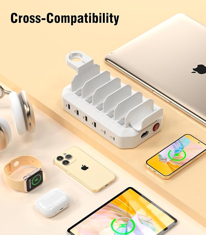 95W Fast Charging Station for Multiple Devices【UL & FCC Certified Safer Charging】 6-Port USB Charging Dock with 2 PD-Port, Compatible with iPhone/Android/MacBook/iPad/Tablet/Kindle/Apple Watch & More