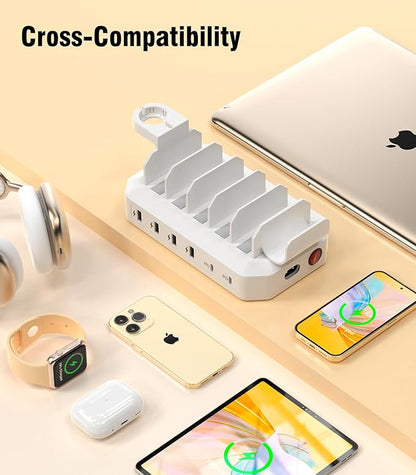 95W Fast Charging Station for Multiple Devices【UL & FCC Certified Safer Charging】 6-Port USB Charging Dock with 2 PD-Port, Compatible with iPhone/Android/MacBook/iPad/Tablet/Kindle/Apple Watch & More