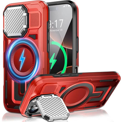 Camera Stand Case for iPhone 16 Pro Max, [Compatible with MagSafe] [Lens Cover] 2024 Version Military Grade Protective Soft Case for iPhone 16 Pro Max 6.9 inch Men Women, Red