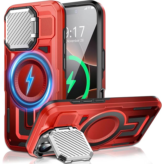 Camera Stand Case for iPhone 16 Pro, [Compatible with MagSafe] [Lens Cover] 2024 Version Military Grade Protective Soft Case for iPhone 16 Pro 6.3 inch Men Women, Red
