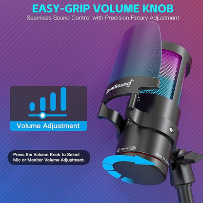ZealSound Gaming USB Microphone,Noise Cancellation Condenser mic with RGB Light,Touch Mute,Gain,Monitoring for Streaming, Podcast, Twitch, YouTube, Discord, iPhone, iPad,PC,Computer,PS4,PS5,Mac