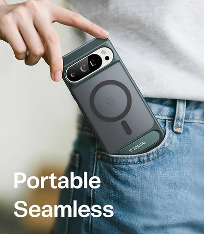 TORRAS Magnetic & Stand for Google Pixel 10 Pro XL Case, Fit for MagSafe, Military Grade Drop Protection, Slim Fit for Google Pixel 10 Pro XL Phone Case with Sturdy Kickstand, Translucent Matte Green