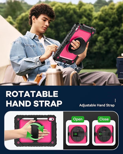 Cantis Case for iPad 11-inch (A16) 2025/ iPad 10th Generation 2022 (10.9 inch) with Screen Protector, iPad 11th Case with 360 Degree Rotating Stand/Shoulder Strap/Pencil Holder, Black+Hot Pink
