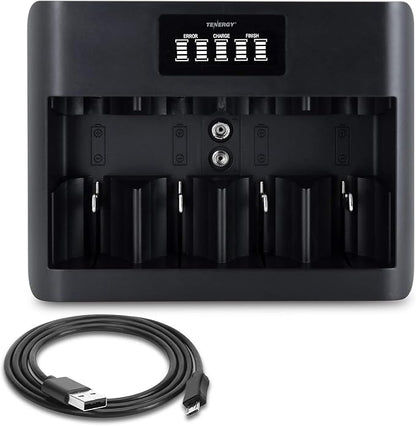 Tenergy TN486U 5-Bay Universal Battery Charger with LCD, Micro USB/Type C Input, for AA, AAA, C, D, and 9V Rechargeable Batteries