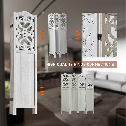ALeesing 4 Panel Room Divider Fully Assembled, Carved Room Dividers and Folding Screens, 5.6Ft Wood Room Divider Screen Freestanding Partition Wall Dividers for Home Bedroom Office, Rustic White