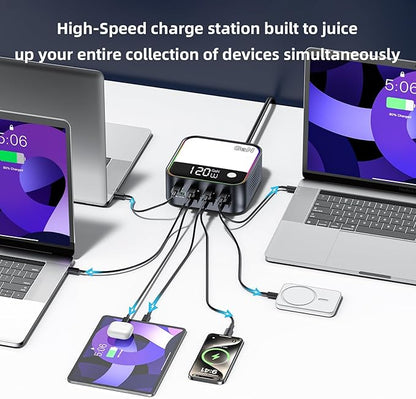 120W GaN USB C Charger Block Fast Charging, MultiPort USB Charging Station with Rainbow Gradient Light & LED Display for iPhone, Samsung Galaxy, iPad, Tablet, Laptop, Drones, Headphones