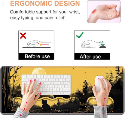 Ergonomic Keyboard Wrist Rest & Mouse Pad Wrist Rest Set, Large XXL Gaming Desk Mat 31.5"x 11.8" with Non-Slip Base, Memory Foam, Easy Typing Pain Relief for Home & Office, Black Cat