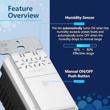 LIDER No Neutral Wire Required Humidity Sensor Switch, Automatic Humidity Detection, Air Circulator, Bathroom Fan Automated Control, Adjustable Timing, 1-Pole, UL Listed, White, Wall Plate Included