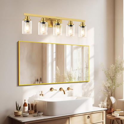 DIKAIDA 5 Light Gold Bathroom Vanity Light, Bathroom Light Fixtures, 31" Modern Brushed Gold Vanity Lighting Fixtures for Bathroom Over Mirror, Gold Sconces Wall Lighting for Bedroom