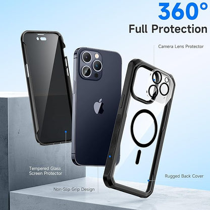 seacosmo for iPhone 15 Pro Max Case, Full Body Bumper with Built-in 9H Tempered Glass Privacy Screen and Camera Lens Protector, Compatible with MagSafe, Shockproof 15 Pro Max Phone Case, 6.7", Black