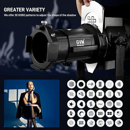 GVM Conical Optical Snoot Kit, Spotlight Snoot Photography with 40° Projection Lens, 30 Gobos and 5 Color Filters, Adjustable Focus Bowens Mount Snoot for Studio LED Video Lights Flash Up to 600W