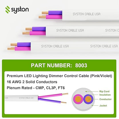 Syston Cable Technology 16/2 LED Lighting Dimmer Dimming Luminaire Control Wire Cable, 16 AWG 2 Conductors Solid Bare Copper Unshielded Plenum Rated CMP CL3P FT6, for Ballast Wiring and Connection