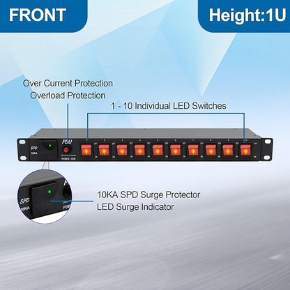 ThePoEstore 10 Outlets 1U Horizontal PDU Network Rackmount Power Strip with Surge Protector, (SPD-10KA) 100-240V,15A 3600 Joules, w/10 LED Switches and 6ft 14 AWG Cord