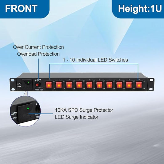 ThePoEstore 10 Outlets 1U Horizontal PDU Network Rackmount Power Strip with Surge Protector, (SPD-10KA) 100-240V,15A 3600 Joules, w/10 LED Switches and 6ft 14 AWG Cord