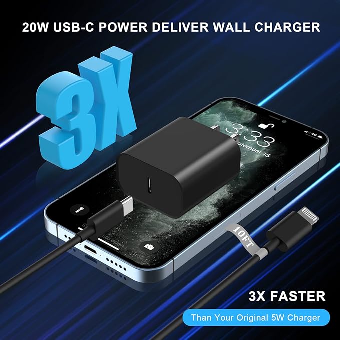 Matsusho iPhone Charger Fast Charging 10 FT, 2 Pack 20W USB C Wall Charger Block with 10FT Long Type C to Lightning Fast Charging Data Sync Cable Compatible for iPhone 14 13 12 11 Pro Max XS XR X iPad