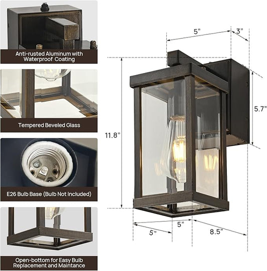 JOKAONOTL Dusk to Dawn Porch Lights with GFCI Outlets Waterproof Outdoor Wall Lights Exterior Lighting Fixtures Modern Outside Lights Wall Mount for House Patio Garage,Gold Brown,11.8''H,1PC