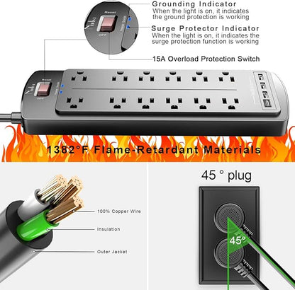 Power Strip, Nuetsa Surge Protector with 12 Outlets and 4 USB Ports, 6 Feet Flat Plug Extension Cord (1875W/15A) for for Home, Office, Dorm Essentials, 2700 Joules, ETL Listed (Black)