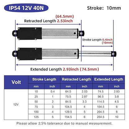 0.5 Inch 9lbs Mini Stroke 12V Electric Linear Actuator 0.6"/sec Linear Motion Actuator with Brackets for Cabinets, Robotics, Home Automation, Window Opener(40N, 10mm)